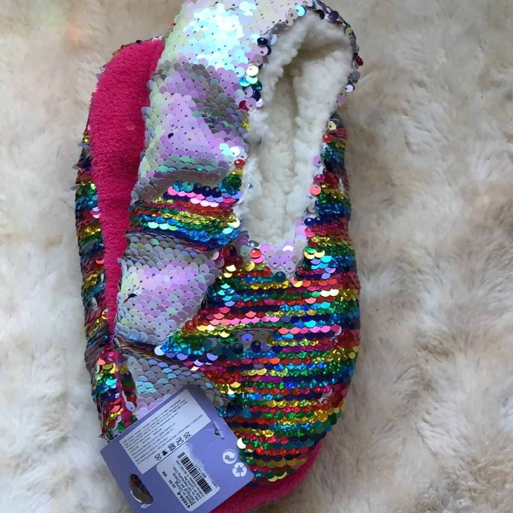 Magical Sequin Unicorn Slippers Reversible Sparkle, Faux Sherpa Lining Size S/M
